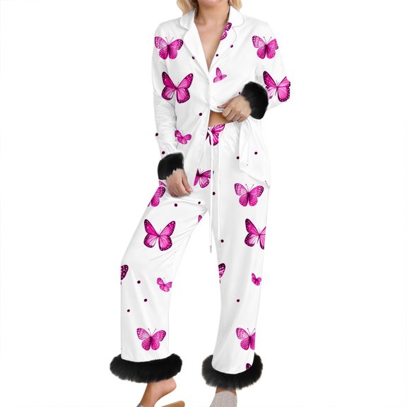 Feather Pajamas Set Women Valentine's Day Silk Satin 2 Piece Sleepwear Trim Long Sleeve Shirts Pants Loungewear Pjs 2026