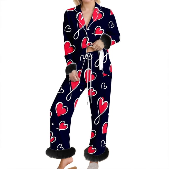 Feather Pajamas Set Women Valentine's Day Silk Satin 2 Piece Sleepwear Fur Trim Long Sleeve Shirts Pants Loungewear Pjs 2026