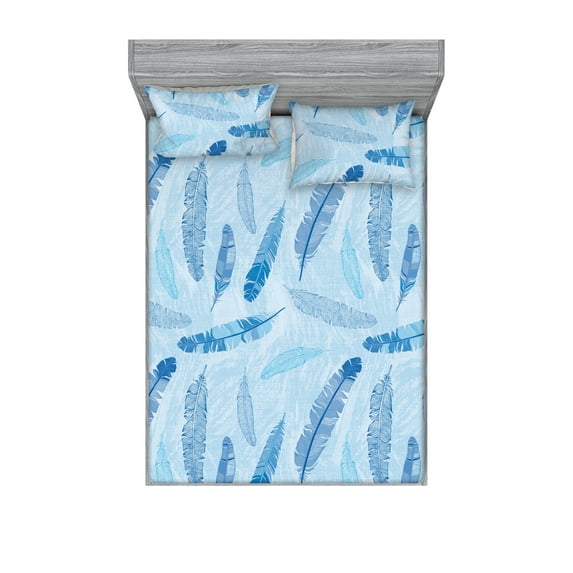 Feather Pattern Fitted Sheet & Pillow Sham Set, Pastel Vibe of Bohemian Pattern with Neutral Sky Colors Boho, Decorative Printed 3 Piece Bedding Decor, Queen, Pale Azure Blue Sea Blue, by Ambesonne