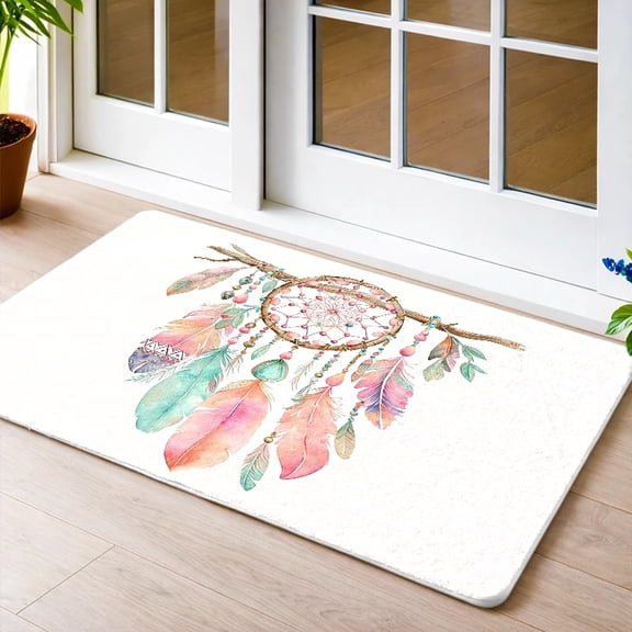 Feather Pattern Flannel Floor Mat, Non-Slip Rubber Backing, Washable for Living Room, Bedroom, Bathroom, Kitchen, Office, Outdoor