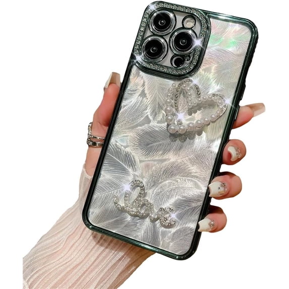 Feather Pattern Holographic Laser Love Heart Pearl Glitter Bling Diamond Compatible with iPhone Case (Green,iPhone 15)