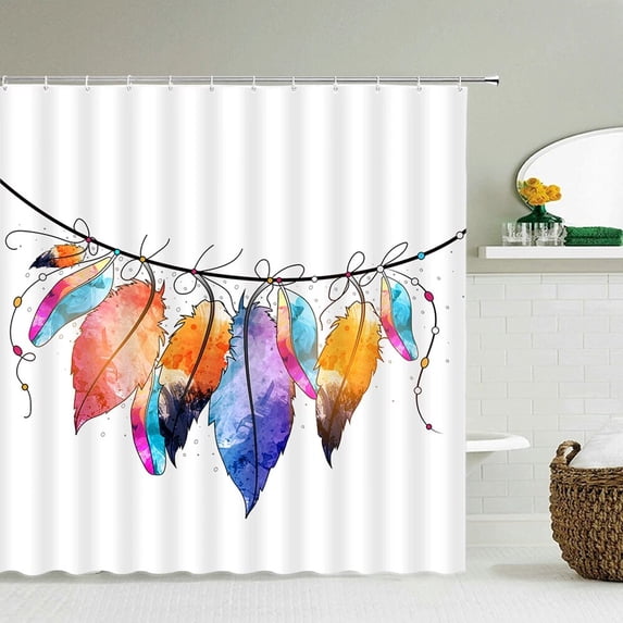 Feather Pattern Polyester Fiber Bath Curtain 3d Printed Shower Curtain with 12 for Home Bathroom Decor Bath Screen