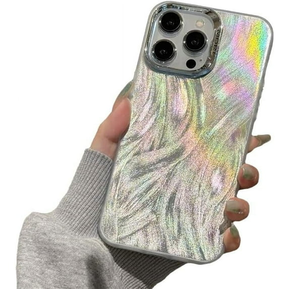 Feather Pattern Rainbow Laser Holographic Compatible with iPhone Case (Silver,iPhone 15 Plus)