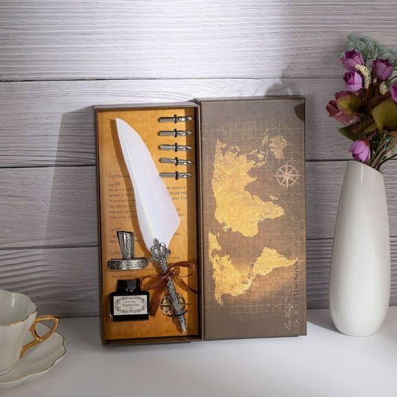 Feather Pen and Ink Set, Quill Pen Set Antique Calligraphy Dip Pen with Ink, 5 Replacement Nibs, Luxury Vintage Signature Pen for Writing Painting Wedding Birthday Gifts Retro Decoration