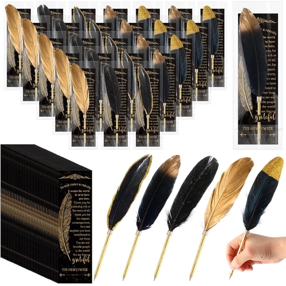 Feather Pen Wedding Favors Bulk Bridal Shower Quill Ballpoint Pens Gold Vintage with Thank You Tags for Guest Signature