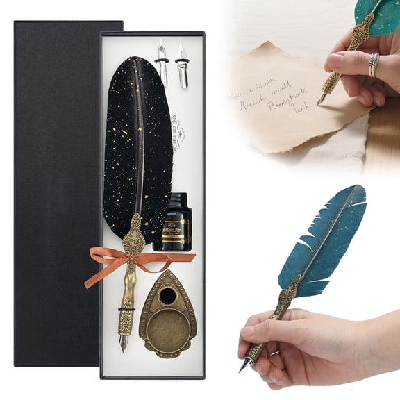 Feather Pen and Ink Set, Vintage Quill Calligraphy Pens with Nibs for Writing and Decor