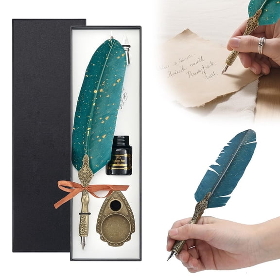 Feather Pen and Ink Set, Vintage Quill Calligraphy Pens with Nibs for Writing and Decor