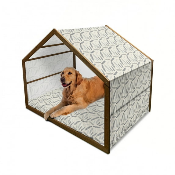 Feather Pet House, Pattern of Quills Hand Drawn Tribal Motifs Arrangement Vintage Design, Outdoor & Indoor Portable Dog Kennel with Pillow and Cover, 5 Sizes, Pale Grey and Beige, by Ambesonne