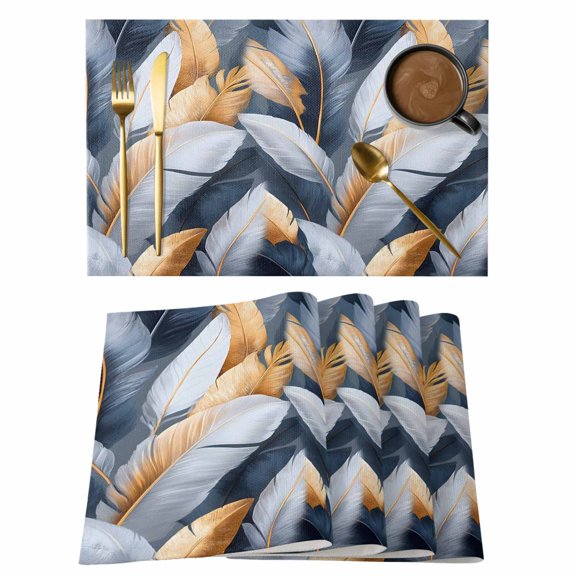 Feather Placemats Set of 4 Orange White Blue Oil Painting Modern Abstract Place Mats Indoor Wipeable Table Mats Washable Cloth Dining Table Placemats for Kitchen Holiday Party Home Decor 13x19 Inch
