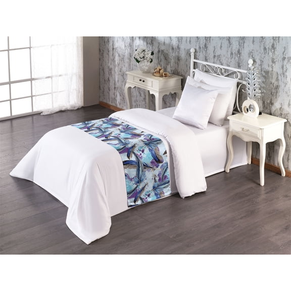 Feather Print Bed Runner, Modern Boho Vibes Watercolor Pattern on Grunge Design Backdrop, Decorative Accent Bedding Scarf for Hotels Homes & Guest Rooms, Twin, Pale Sky Blue and Indigo, by Ambesonne