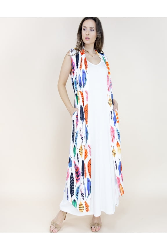 Feather Printed Long Vest Multicolor