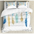 thumbnail image 1 of Feather Queen Size Duvet Cover Set, Ethnic Multicolored Bird Feathers with Ornamental Tribal Elements, Decorative 3 Piece Bedding Set with 2 Pillow Shams, Pale Orange Blue Seafoam, by Ambesonne, 1 of 3