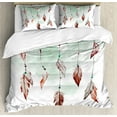 thumbnail image 1 of Feather Queen Size Duvet Cover Set, Watercolor Vibrant Dream Catcher with Ornamental Elements Traditional Design, Decorative 3 Piece Bedding Set with 2 Pillow Shams, Mint Green Brown, by Ambesonne, 1 of 3