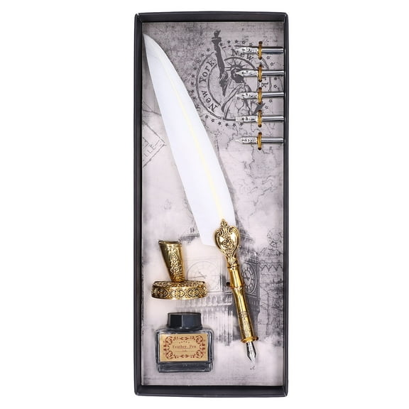 Feather Quill Pen, English Fluent Comfortable Dip Pen Writing Ink Set Stationery Gift Box for Friend Teachers Classmates Calligraphy [white]