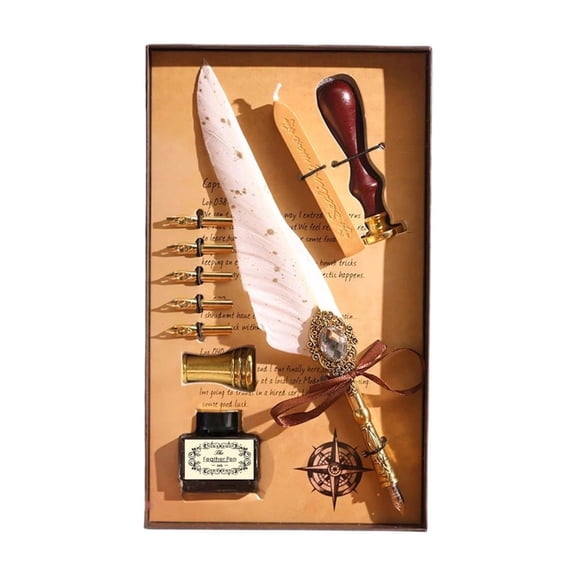 Feather Quill Pen Kit with 5 Replacement Nibs, Ink, Wax Stamp for Handwriting, Letters, Gifting