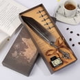 thumbnail image 1 of Feather Quill Pen Set with Brass Fountain Pen and Glass Inkwell for Calligraphy Writing, Vintage Stationery Gift for Adults, Journaling and Letter Writing Supplies, 1 of 3
