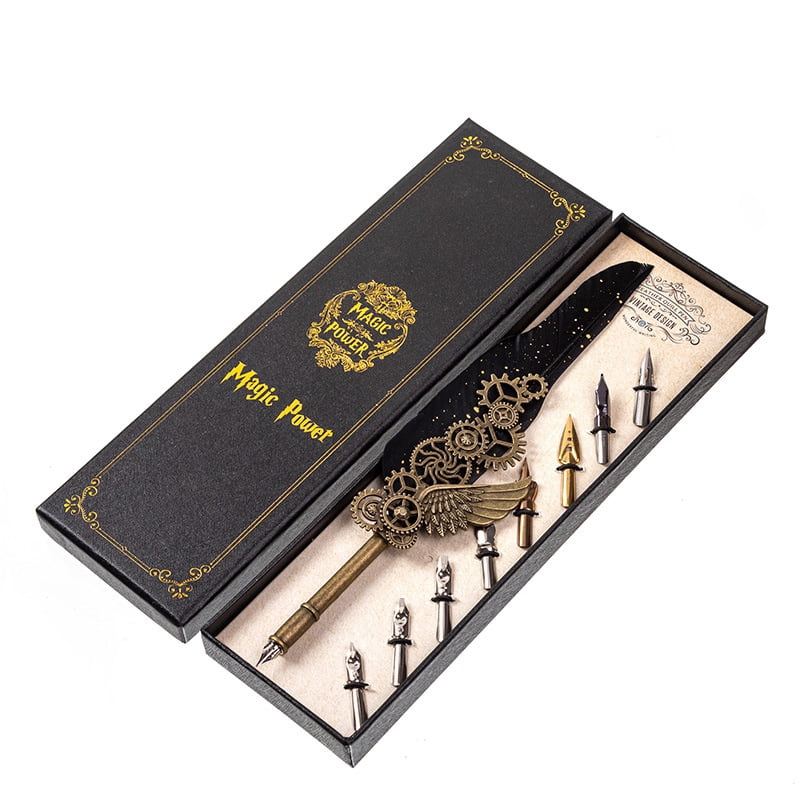 Feather Quill Pen Vintage Feather Dip Ink Pen Punk Style Gear Wing Alloy Pen Stem Writing Quill Pen Calligraphy Pen As Christmas Birthday Gift Black