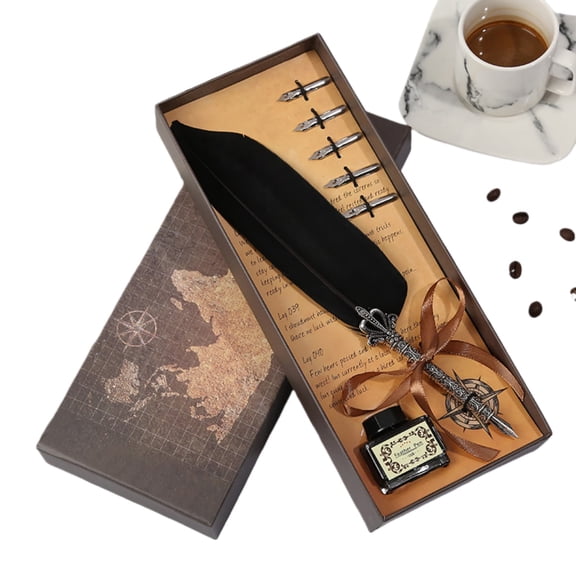 Feather Quill Pen Vintage Feather Dip Ink Pen Set Copper Pen Stem Writing Quill Pen Calligraphy Pen as Birthday Gift Set D