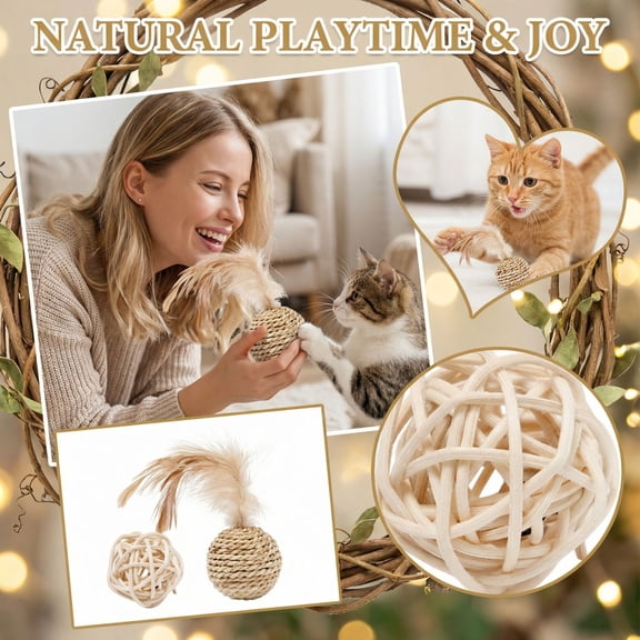 Feather Rattan Ball with Bell and Squeaker – Interactive Cat Toy for Hunting Play,Khaki