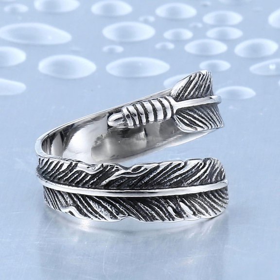 Feather Ring 14K White Gold Jewelry Punk Style Men Women Adjustable Ring Size 6-13