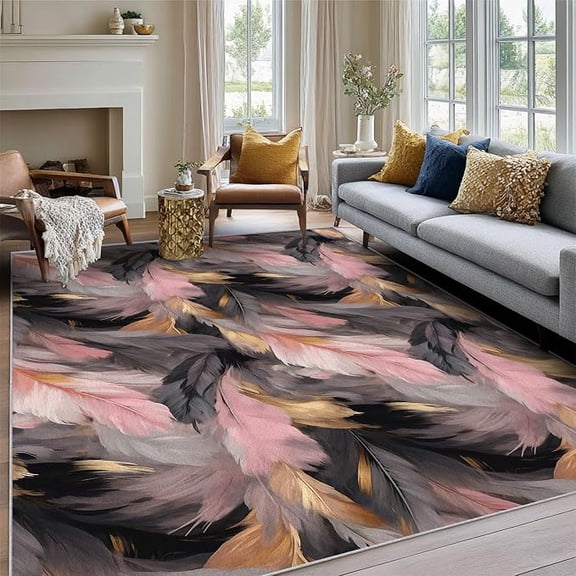 Feather Rug for Bedroom, Black Gold Pink Patterned Living Room Area Rug, Feather Room Decor, Washable Soft Thin Carpet with Non Slip Backing 2 x 3ft