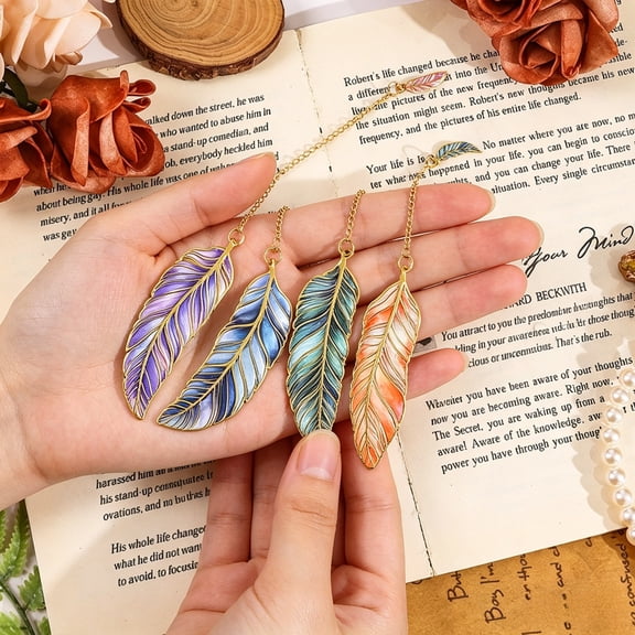 Feather-Shaped Metal Bookmarks with Chain, 4-Pack Vintage-Inspired Book Marks Set - Cute Unique Page Markers Gifts for Book Lovers, Readers, Writers, Reading Women, Men, Kids, Teens (Starry Wings)