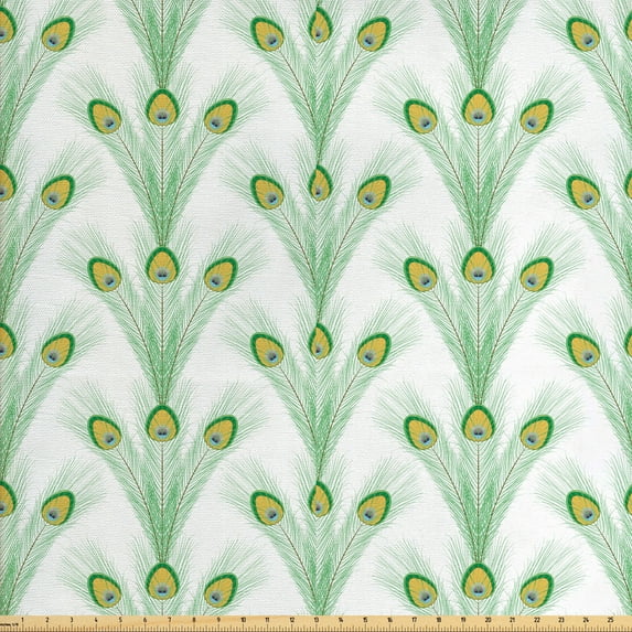 Ambesonne Feather Fabric by the Yard Upholstery, Long Peacock Bird Plumes, 10 Yards, Shamrock Green Mustard