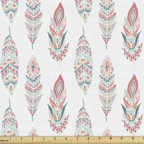 Ambesonne Feather Fabric by the Yard Upholstery, Hippie Color Boho Plumage, 1 Yard, Dark Coral and Seafoam