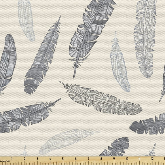 Ambesonne Feather Fabric by the Yard Upholstery, Composition of Quills, 1 Yard, Pale Grey and Beige