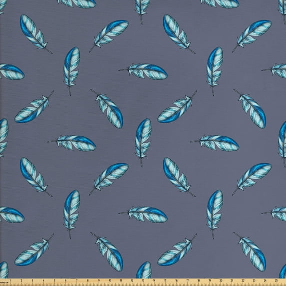 Feather Sofa Upholstery Fabric by the Yard, Pattern with Watercolor Plumage Floating, Decorative Fabric for DIY and Home Accents, Purpleblue Azure Blue by Ambesonne