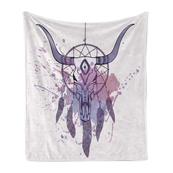 Feather Soft Flannel Fleece Blanket, Bull Skull Illustration with Dreamcatcher and Watercolor Splashes Abstract, Cozy Plush for Indoor and Outdoor Use, 70" x 90", Lavender Black Grey, by Ambesonne
