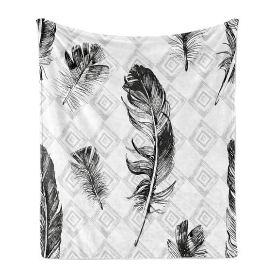 Feather Soft Flannel Fleece Blanket, Faded Geometric Backdrop Nested Squares Mosaic Pattern Fluffy Wings Fly, Cozy Plush for Indoor and Outdoor Use, 50" x 60", Black White Pale Grey, by Ambesonne