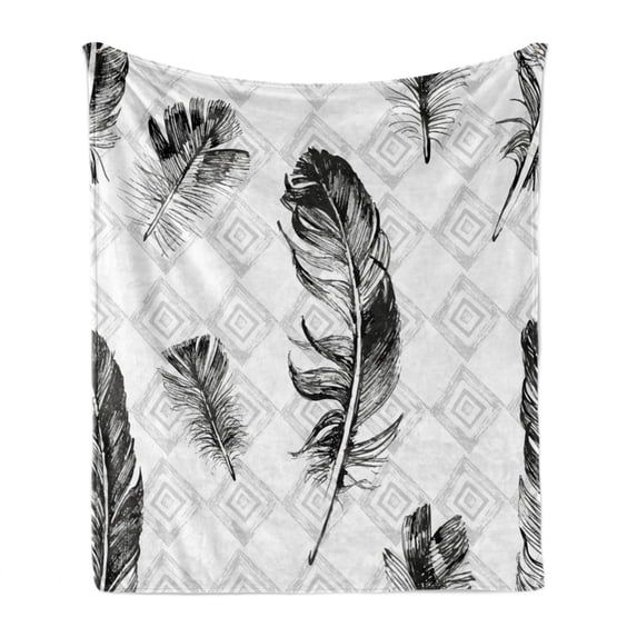 Feather Soft Flannel Fleece Blanket, Faded Geometric Backdrop Nested Squares Mosaic Pattern Fluffy Wings Fly, Cozy Plush for Indoor and Outdoor Use, 60" x 80", Black White Pale Grey, by Ambesonne