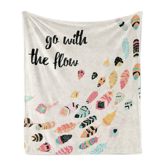Feather Soft Flannel Fleece Blanket, Go with the Flow Inspirational Words with Colorful Bohemian Quills Aztec Elements, Cozy Plush for Indoor and Outdoor Use, 60" x 80", Multicolor, by Ambesonne