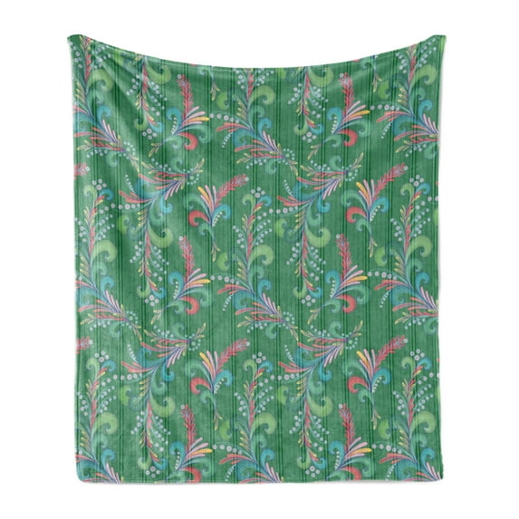 Feather Soft Flannel Fleece Blanket, Rhythmic Curved Ornaments of Abstract Bird Feather Illustration Print, Cozy Plush for Indoor and Outdoor Use, 60" x 80", Laurel Green Multicolor, by Ambesonne