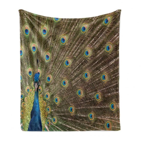 Feather Soft Flannel Fleece Blanket, Scene of a Peacock Making the Wheel Dreamy Stunningly Ornate Wide Bird Tail Photo, Cozy Plush for Indoor and Outdoor Use, 50" x 70", Multicolor, by Ambesonne