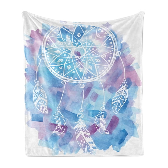 Feather Soft Flannel Fleece Throw Blanket, Abstract Dream Catcher Watercolor Background Brushstrokes, Cozy Plush for Indoor and Outdoor Use, 60" x 80", Pale Blue Lilac White, by Ambesonne