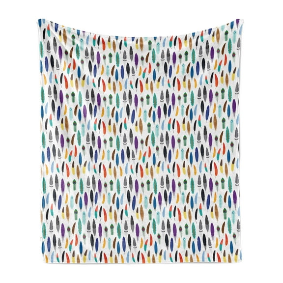 Feather Soft Flannel Fleece Throw Blanket, Assortment of Colorful Quills Folklore Motifs BohemiIllustration, Cozy Plush for Indoor and Outdoor Use, 50" x 70", Multicolor, by Ambesonne