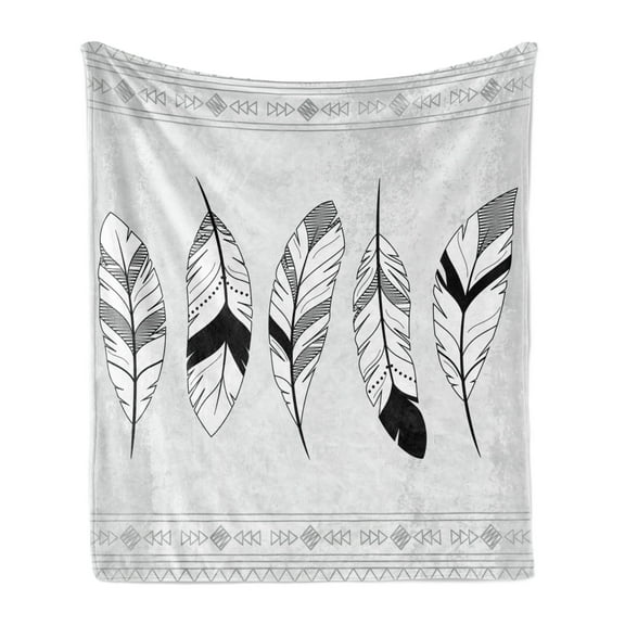 Feather Soft Flannel Fleece Throw Blanket, Doodle Borders with Triangle Motifs Bohemian Western, Cozy Plush for Indoor and Outdoor Use, 50" x 60", Black White Pale Grey, by Ambesonne