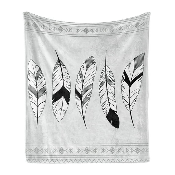 Feather Soft Flannel Fleece Throw Blanket, Doodle Borders with Triangle Motifs Bohemian Western, Cozy Plush for Indoor and Outdoor Use, 60" x 80", Black White Pale Grey, by Ambesonne
