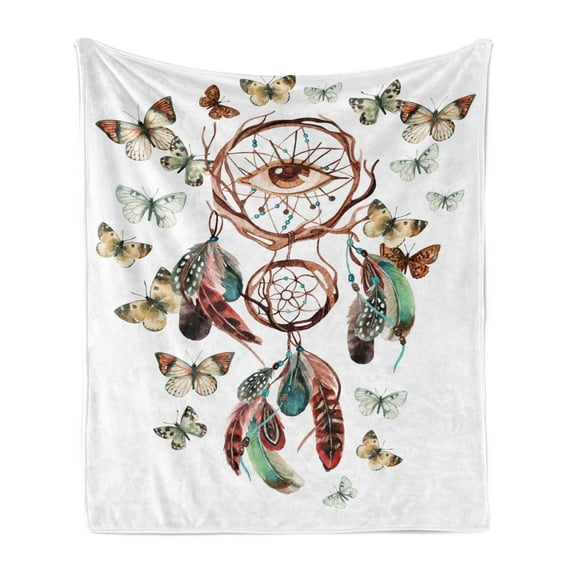 Feather Soft Flannel Fleece Throw Blanket, Dream Catcher with Butterflies and All Seeing Eye Watercolor Style, Cozy Plush for Indoor and Outdoor Use, 70" x 90", Multicolor, by Ambesonne