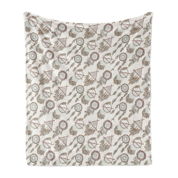 Feather Soft Flannel Fleece Throw Blanket, Dreamcatchers Gypsy Prehistoric Tribal Print, Cozy Plush for Indoor and Outdoor Use, 50" x 60", Pale Brown Beige, by Ambesonne