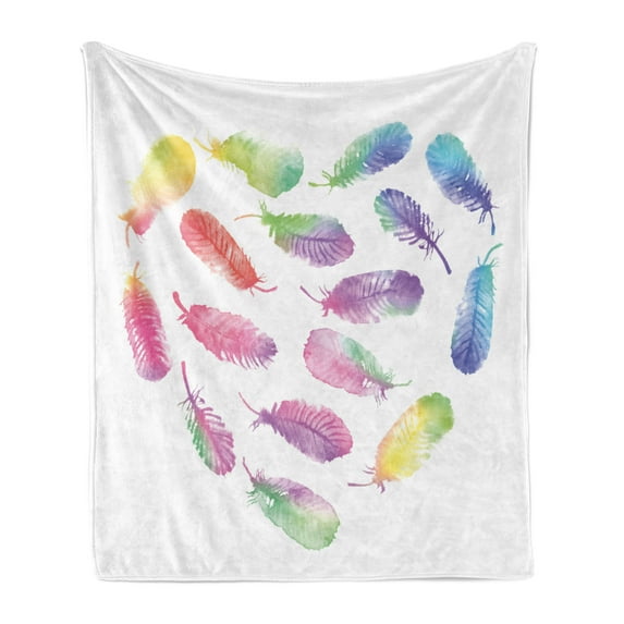 Feather Soft Flannel Fleece Throw Blanket, Fluffy Dreamy Pattern with Watercolor Elements Plumage Romantic Design, Cozy Plush for Indoor and Outdoor Use, 50" x 70", Multicolor, by Ambesonne