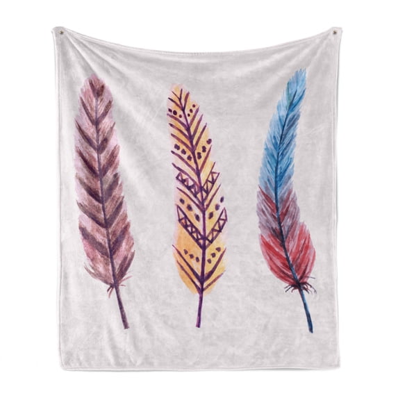 Feather Soft Flannel Fleece Throw Blanket, Graphic of Hand Painted Watercolor Bohemian Items Colorful Abstract Plumes, Cozy Plush for Indoor and Outdoor Use, 50" x 70", Multicolor, by Ambesonne