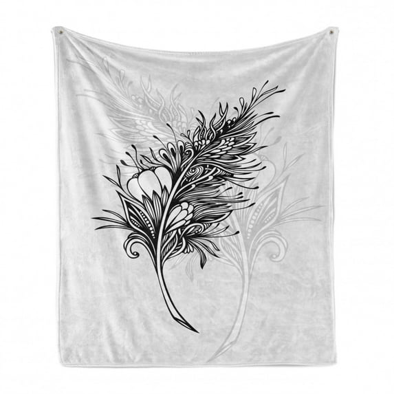 Feather Soft Flannel Fleece Throw Blanket, Greyscale Doodle Style Plumage Monochromatic Drawn by Hand, Cozy Plush for Indoor and Outdoor Use, 70" x 90", Charcoal Grey White, by Ambesonne