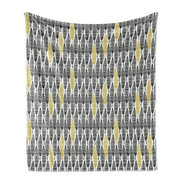 Feather Soft Flannel Fleece Throw Blanket, Hand Drawn Repeating Pattern Ornate Feathers Style, Cozy Plush for Indoor and Outdoor Use, 50" x 60", Black White Mustard, by Ambesonne