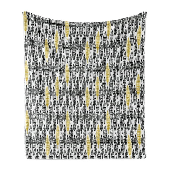 Feather Soft Flannel Fleece Throw Blanket, Hand Drawn Repeating Pattern Ornate Feathers Style, Cozy Plush for Indoor and Outdoor Use, 70" x 90", Black White Mustard, by Ambesonne
