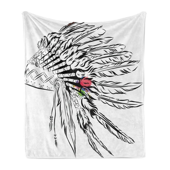 Feather Soft Flannel Fleece Throw Blanket, Headdress in Sketch Style Color Splashes Prehistoric, Cozy Plush for Indoor and Outdoor Use, 60" x 80", Black White Multicolor, by Ambesonne