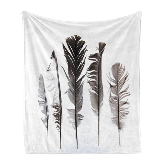 Feather Soft Flannel Fleece Throw Blanket, Monochrome Style Items Fallen off of Bird's Wings, Cozy Plush for Indoor and Outdoor Use, 70" x 90", Grey Dimgray, by Ambesonne
