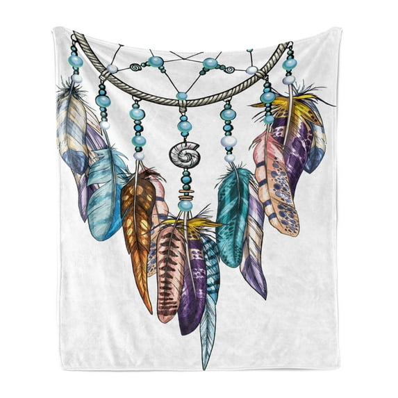 Feather Soft Flannel Fleece Throw Blanket, Ornate Dreamcatcher with Feathers and Gemstone Astrology, Cozy Plush for Indoor and Outdoor Use, 50" x 70", Multicolor, by Ambesonne